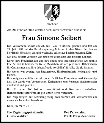Anzeige von Simone Seibert von Kölner Stadt-Anzeiger / Kölnische Rundschau / Express