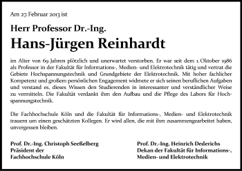 Anzeige von Hans-Jürgen Reinhardt von Kölner Stadt-Anzeiger / Kölnische Rundschau / Express