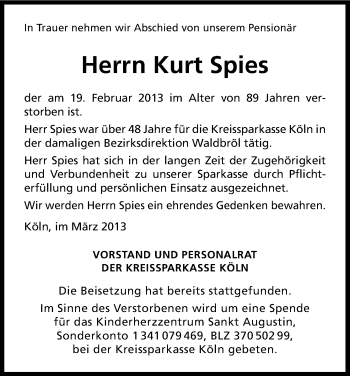 Anzeige von Kurt Spies von Kölner Stadt-Anzeiger / Kölnische Rundschau / Express