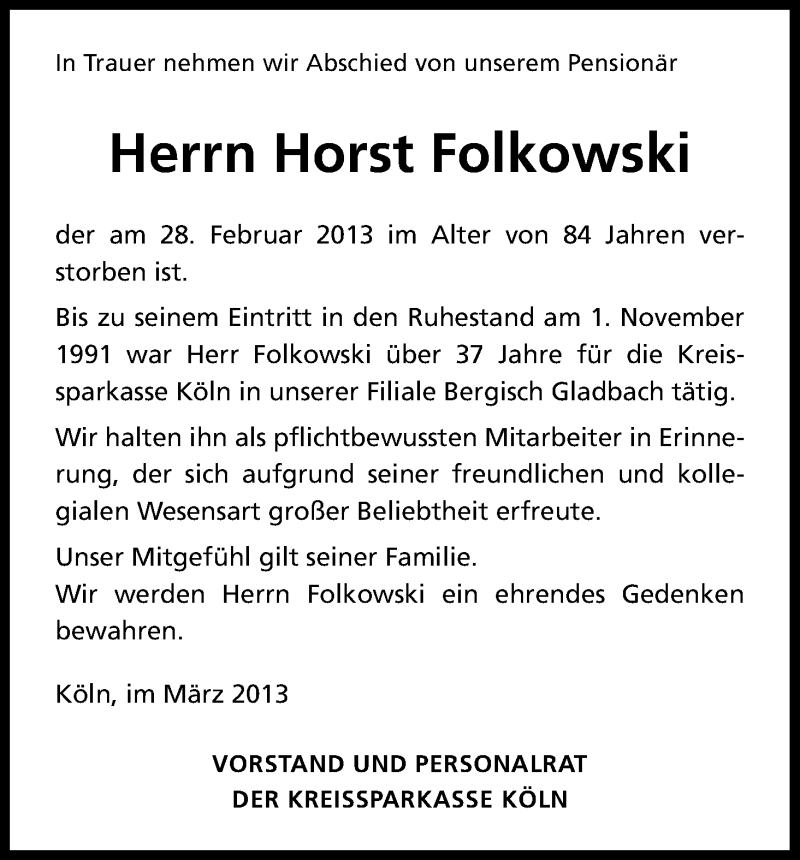  Traueranzeige für Horst Folkowski vom 08.03.2013 aus Kölner Stadt-Anzeiger / Kölnische Rundschau / Express