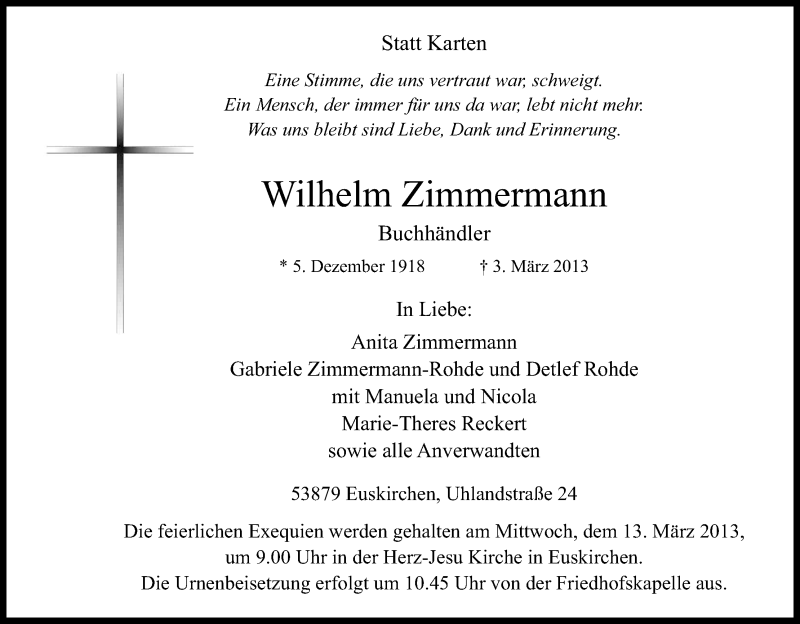  Traueranzeige für Wilhelm Zimmermann vom 09.03.2013 aus Kölner Stadt-Anzeiger / Kölnische Rundschau / Express