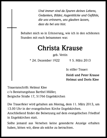 Anzeige von Christa Krause von Kölner Stadt-Anzeiger / Kölnische Rundschau / Express