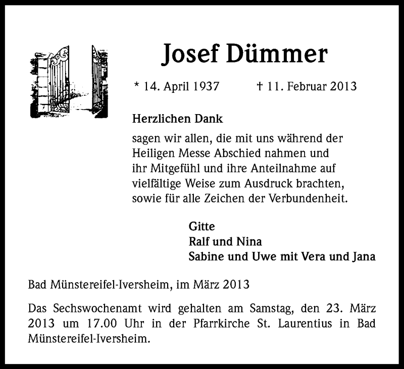  Traueranzeige für Josef Dümmer vom 09.03.2013 aus Kölner Stadt-Anzeiger / Kölnische Rundschau / Express