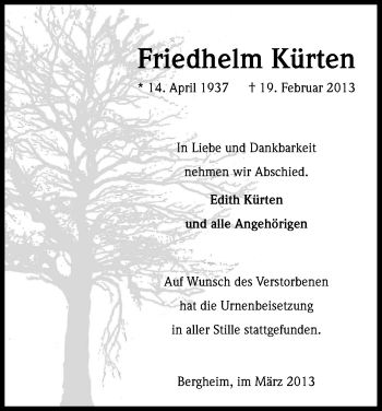 Anzeige von Friedhelm Kürten von Kölner Stadt-Anzeiger / Kölnische Rundschau / Express