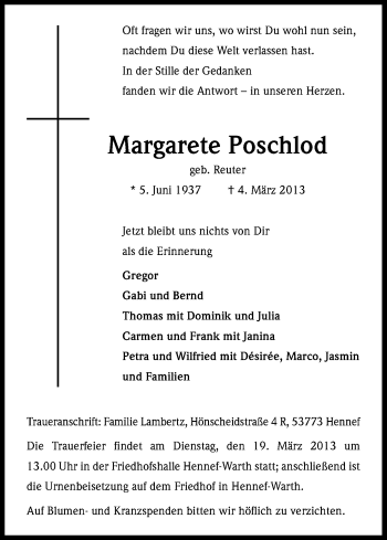 Anzeige von Margarete Poschlod von Kölner Stadt-Anzeiger / Kölnische Rundschau / Express