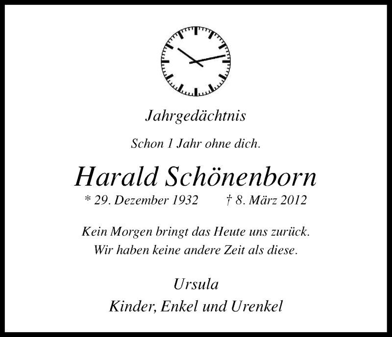  Traueranzeige für Harald Schönenborn vom 08.03.2013 aus Kölner Stadt-Anzeiger / Kölnische Rundschau / Express
