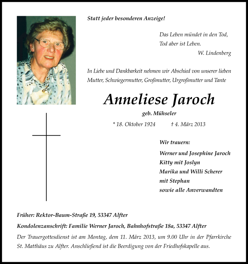  Traueranzeige für Anneliese Jaroch vom 09.03.2013 aus Kölner Stadt-Anzeiger / Kölnische Rundschau / Express