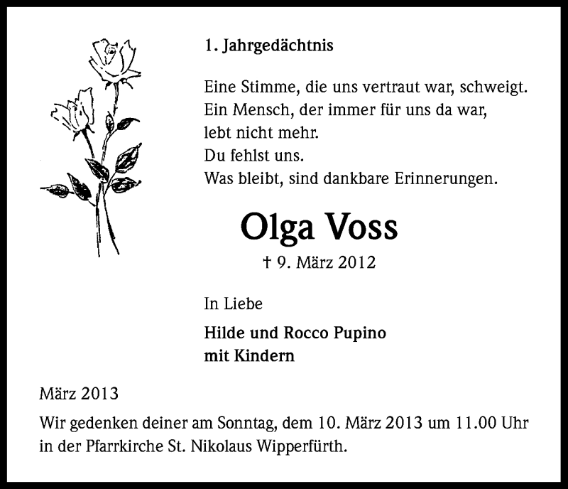  Traueranzeige für Olga Voss vom 09.03.2013 aus Kölner Stadt-Anzeiger / Kölnische Rundschau / Express