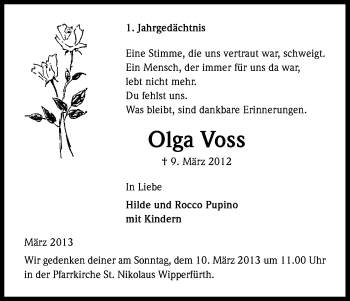 Anzeige von Olga Voss von Kölner Stadt-Anzeiger / Kölnische Rundschau / Express