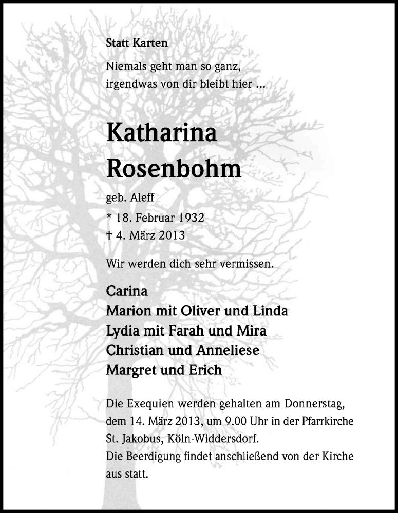  Traueranzeige für Katharina Rosenbohm vom 09.03.2013 aus Kölner Stadt-Anzeiger / Kölnische Rundschau / Express