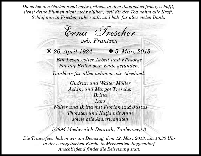  Traueranzeige für Erna Trescher vom 08.03.2013 aus Kölner Stadt-Anzeiger / Kölnische Rundschau / Express