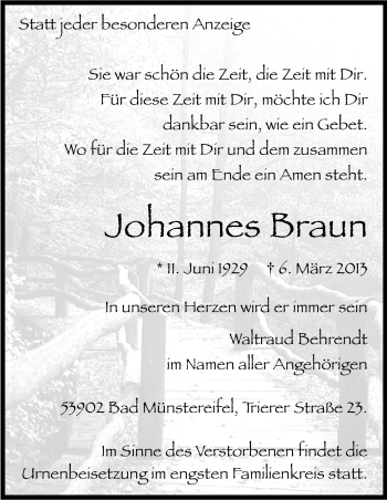 Anzeige von Johannes Braun von Kölner Stadt-Anzeiger / Kölnische Rundschau / Express