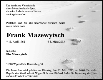 Anzeige von Frank Mazewytsch von Kölner Stadt-Anzeiger / Kölnische Rundschau / Express