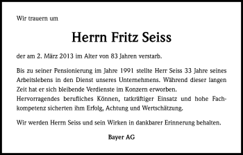 Anzeige von Fritz Seiss von Kölner Stadt-Anzeiger / Kölnische Rundschau / Express