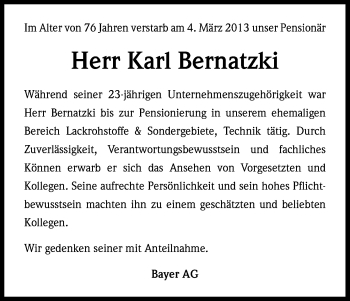 Anzeige von Karl Bernatzki von Kölner Stadt-Anzeiger / Kölnische Rundschau / Express
