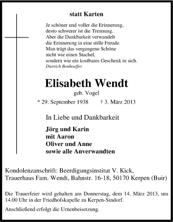 Anzeige von Elisabeth Wendt von Kölner Stadt-Anzeiger / Kölnische Rundschau / Express