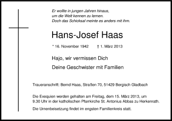 Anzeige von Hans-Josef Haas von Kölner Stadt-Anzeiger / Kölnische Rundschau / Express