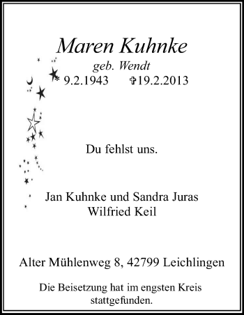 Anzeige von Maren Kuhnke von Kölner Stadt-Anzeiger / Kölnische Rundschau / Express