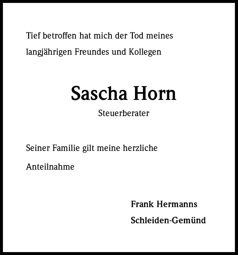 Traueranzeige für Sascha Horn vom 09.03.2013 aus Kölner Stadt-Anzeiger / Kölnische Rundschau / Express
