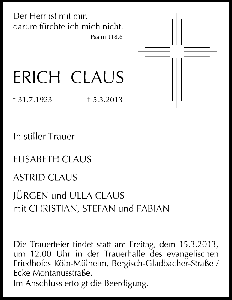 Traueranzeige für Erich Claus vom 09.03.2013 aus Kölner Stadt-Anzeiger / Kölnische Rundschau / Express