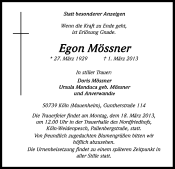 Anzeige von Egon Mössner von Kölner Stadt-Anzeiger / Kölnische Rundschau / Express