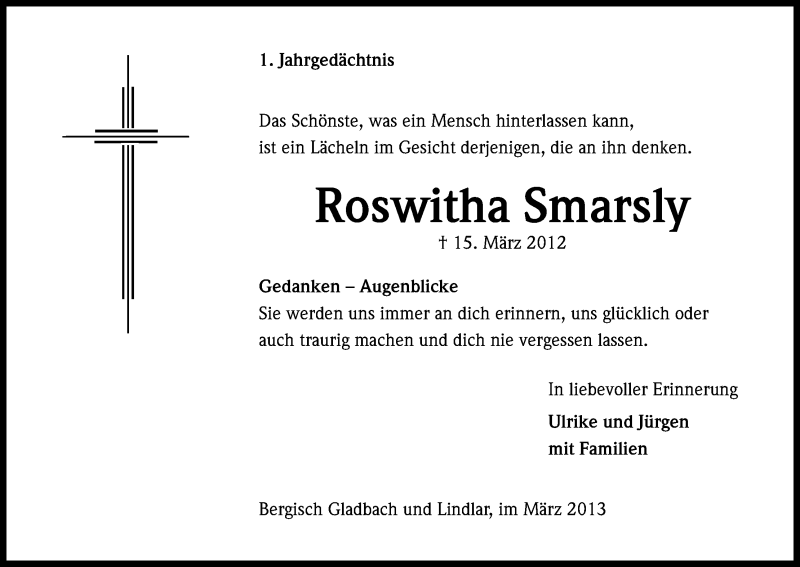  Traueranzeige für Roswitha Smasly vom 15.03.2013 aus Kölner Stadt-Anzeiger / Kölnische Rundschau / Express
