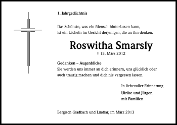 Anzeige von Roswitha Smasly von Kölner Stadt-Anzeiger / Kölnische Rundschau / Express