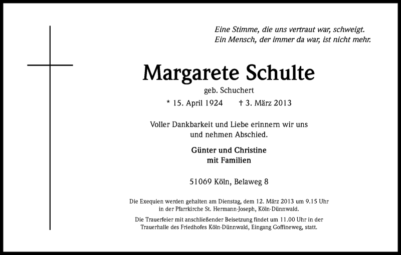  Traueranzeige für Margarete Schulte vom 09.03.2013 aus Kölner Stadt-Anzeiger / Kölnische Rundschau / Express