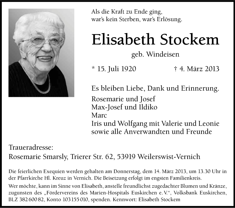  Traueranzeige für Elisabeth Stockem vom 09.03.2013 aus Kölner Stadt-Anzeiger / Kölnische Rundschau / Express