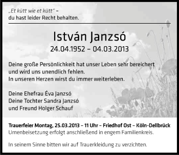 Anzeige von Istvan Janzso von Kölner Stadt-Anzeiger / Kölnische Rundschau / Express