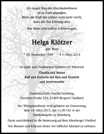 Anzeige von Helga Klötzer von Kölner Stadt-Anzeiger / Kölnische Rundschau / Express