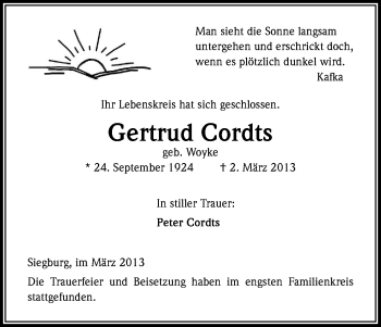 Anzeige von Gertrud Cordts von Kölner Stadt-Anzeiger / Kölnische Rundschau / Express
