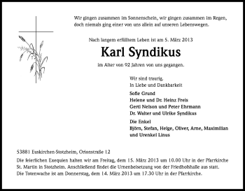 Anzeige von Karl Syndikus von Kölner Stadt-Anzeiger / Kölnische Rundschau / Express
