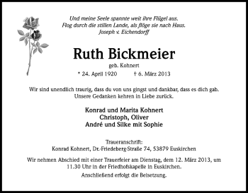 Anzeige von Ruth Bickmeier von Kölner Stadt-Anzeiger / Kölnische Rundschau / Express