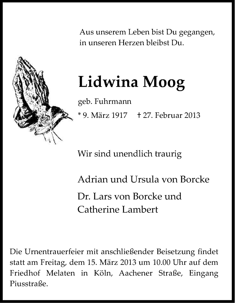  Traueranzeige für Lidwina Moog vom 09.03.2013 aus Kölner Stadt-Anzeiger / Kölnische Rundschau / Express