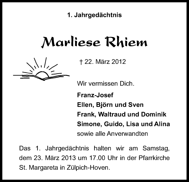 Traueranzeige für Marliese Rhiem vom 13.03.2013 aus Kölner Stadt-Anzeiger / Kölnische Rundschau / Express