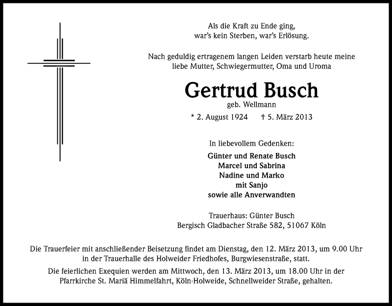  Traueranzeige für Gertrud Busch vom 09.03.2013 aus Kölner Stadt-Anzeiger / Kölnische Rundschau / Express