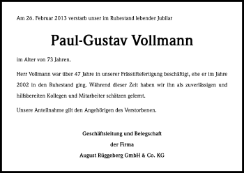Anzeige von Paul-Gustav Vollmann von Kölner Stadt-Anzeiger / Kölnische Rundschau / Express