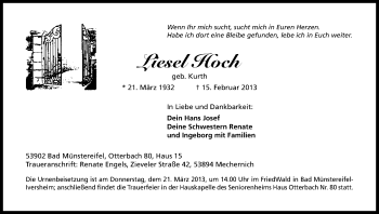 Anzeige von Liesel Hoch von Kölner Stadt-Anzeiger / Kölnische Rundschau / Express