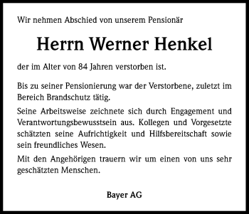 Anzeige von Werner Henkel von Kölner Stadt-Anzeiger / Kölnische Rundschau / Express