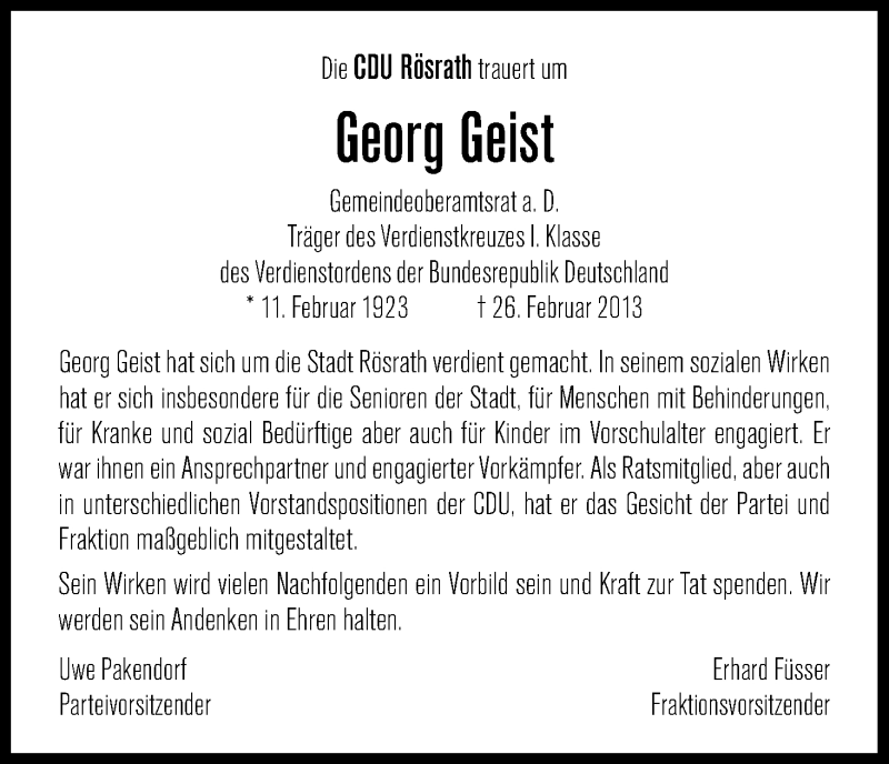  Traueranzeige für Georg Geist vom 08.03.2013 aus Kölner Stadt-Anzeiger / Kölnische Rundschau / Express