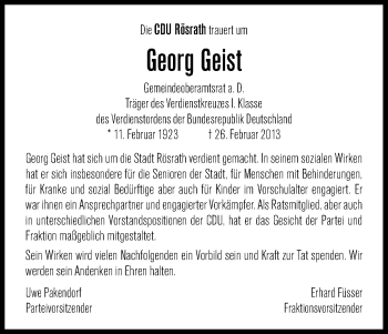 Anzeige von Georg Geist von Kölner Stadt-Anzeiger / Kölnische Rundschau / Express