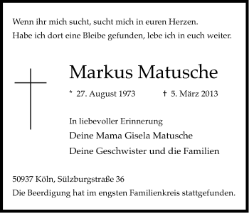 Anzeige von Markus Matusche von Kölner Stadt-Anzeiger / Kölnische Rundschau / Express
