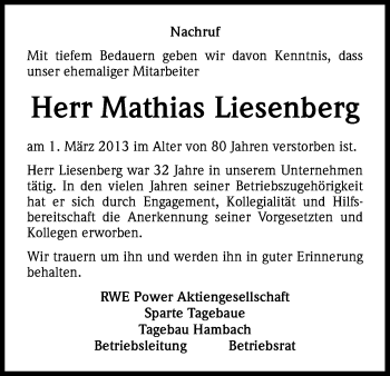 Anzeige von Mathias Liesenberg von Kölner Stadt-Anzeiger / Kölnische Rundschau / Express