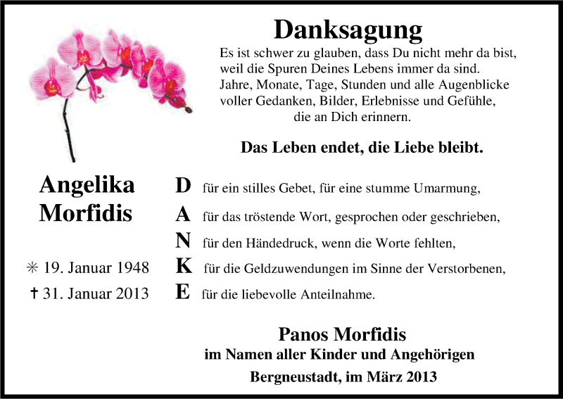  Traueranzeige für Angelika Morfidis vom 09.03.2013 aus Kölner Stadt-Anzeiger / Kölnische Rundschau / Express