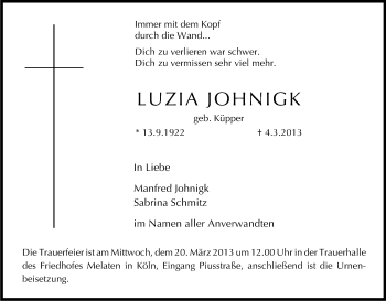 Anzeige von Luzia Johnigk von Kölner Stadt-Anzeiger / Kölnische Rundschau / Express