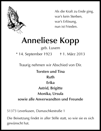 Anzeige von Anneliese Kopp von Kölner Stadt-Anzeiger / Kölnische Rundschau / Express
