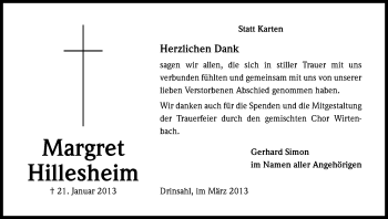 Anzeige von Margret Hillesheim von Kölner Stadt-Anzeiger / Kölnische Rundschau / Express