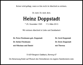 Anzeige von Heinz Doppstadt von Kölner Stadt-Anzeiger / Kölnische Rundschau / Express
