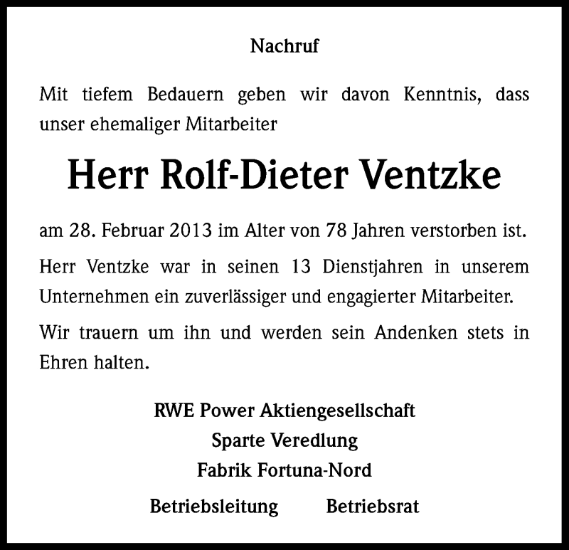  Traueranzeige für Rolf-Dieter Ventzke vom 12.03.2013 aus Kölner Stadt-Anzeiger / Kölnische Rundschau / Express